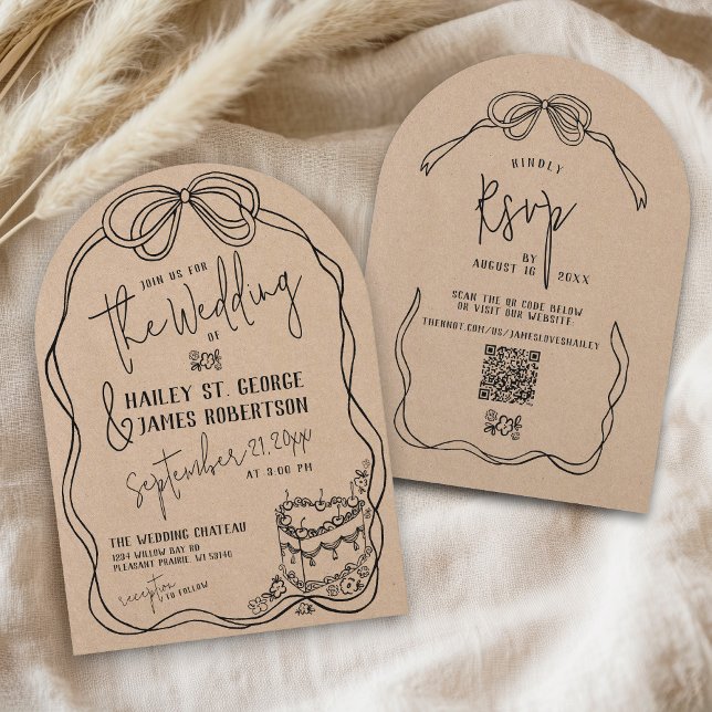 Faire-Part de Mariage Arch Rustique Kraft Dessiné  (Retro quirky hand drawn illustration black bow vintage floral heart cake kraft arch wedding invite)
