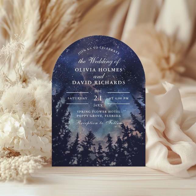 Faire-part de mariage Arche Céleste Nuit Étoilée (Starry Night Forest Wedding Arch Shape Invitation on a neutral boho wedding table.)