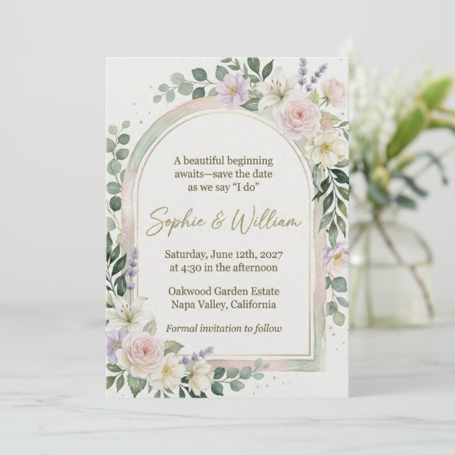 Faire-part de mariage Arche de jardin à l'aquarell (Debout devant)
