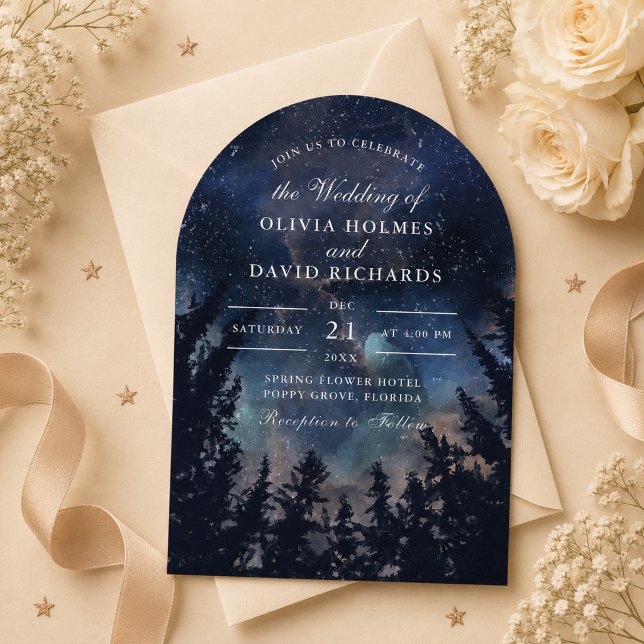 Faire-part de mariage Arche de Nuit Étoilée Célest (Celestial Starry Night Arch Wedding Invitation on an elegant celestial wedding table)