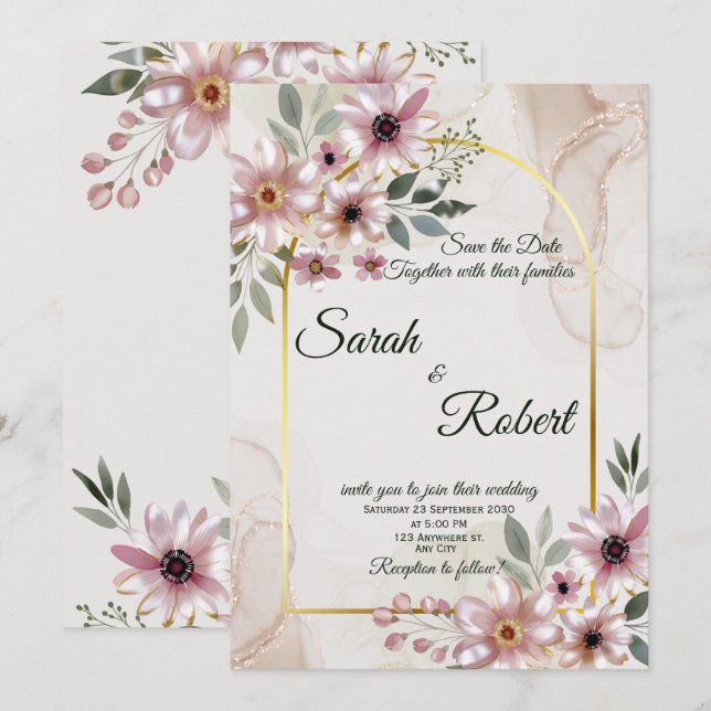 Faire-part de mariage Arche Dorée Marbre Floral Ro (Devant / Derrière)