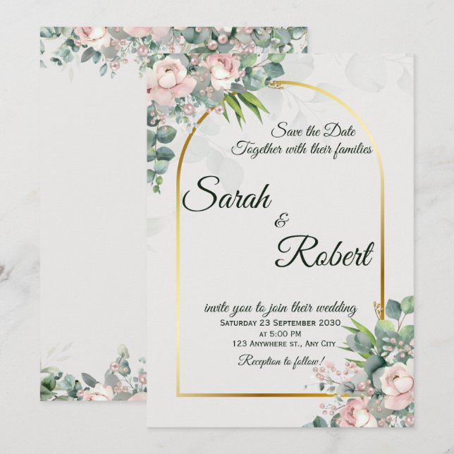 Faire-part de mariage Arche Florale Dorée aux Joue (Devant / Derrière)