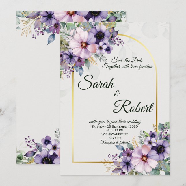 Faire-part de mariage Arche Florale Violet Lavande (Devant / Derrière)