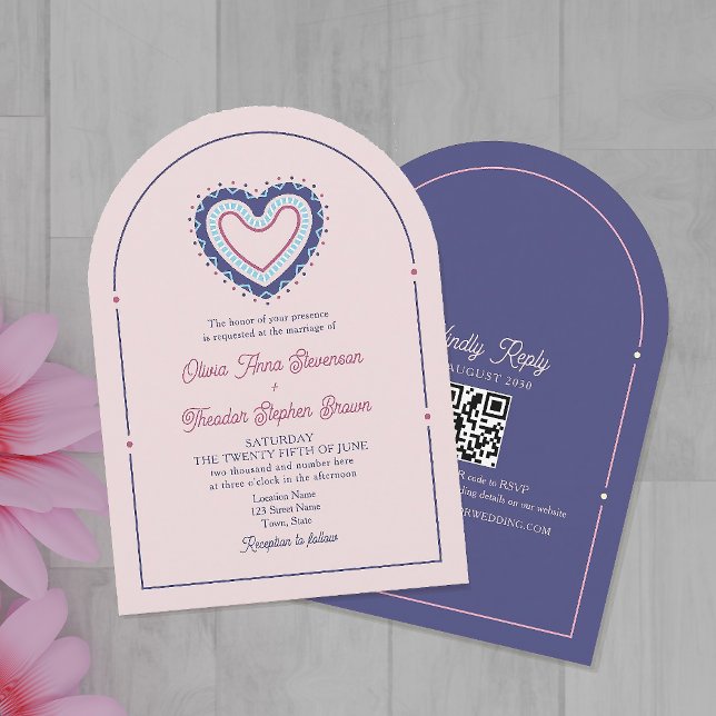 Faire-part de mariage Arche Rose & Bleu Rétro + QR (Créateur téléchargé)