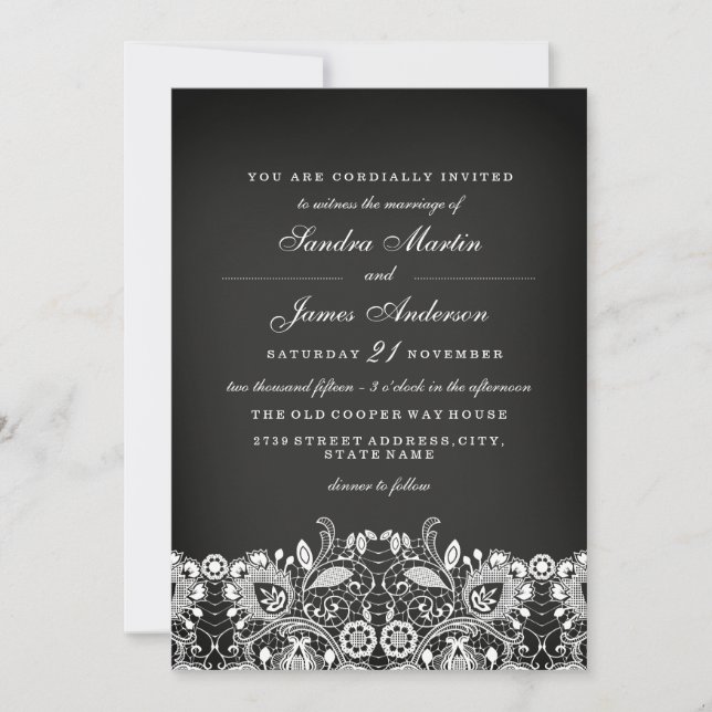 Faire-part de mariage ardoise à dentelle blanche (Devant)