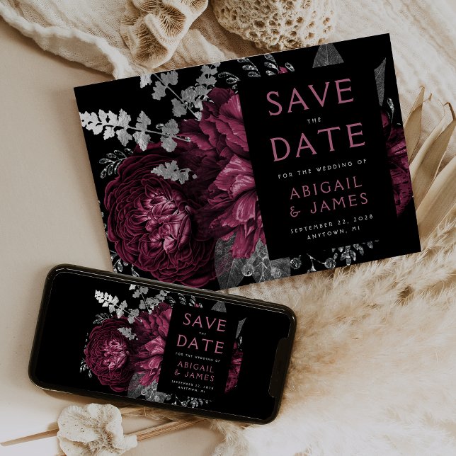 Faire-part de mariage argent et floral bordeaux fo (Créateur téléchargé)
