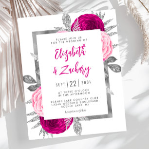 Faire-part de mariage argent et rose vif floral Bu