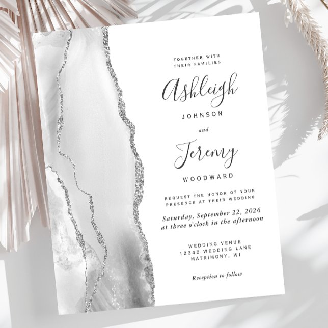Faire-part de mariage argent gris blanc Agate à pe (Créateur téléchargé)