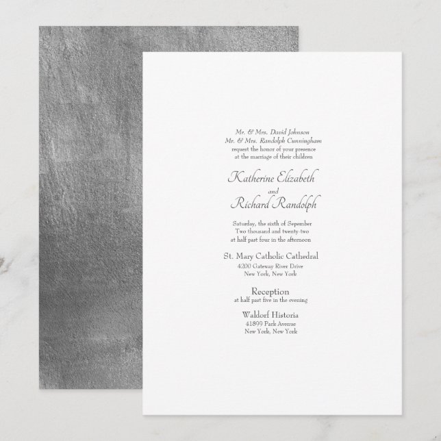 Faire-part de mariage argent métallisé et blanc (Devant / Derrière)