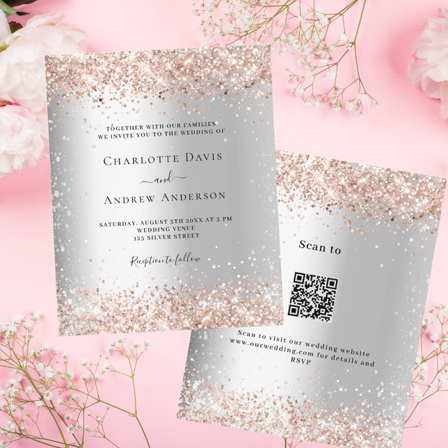 Faire-part de mariage argent or rose QR RSVP budge (Créateur téléchargé)