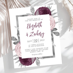 Faire-part de mariage argent rose mauve floral bud