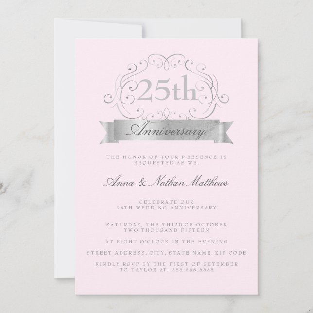 Faire-part de mariage Argent & Rose pour les 25 an (Devant)