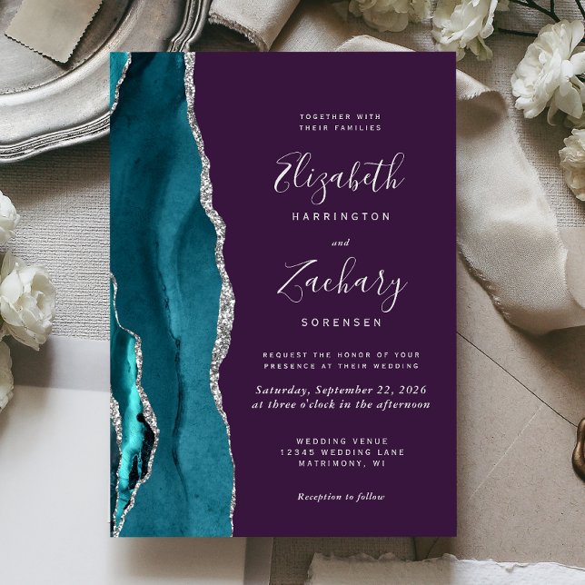 Faire-part de mariage argent sarcelle agate violet (Créateur téléchargé)