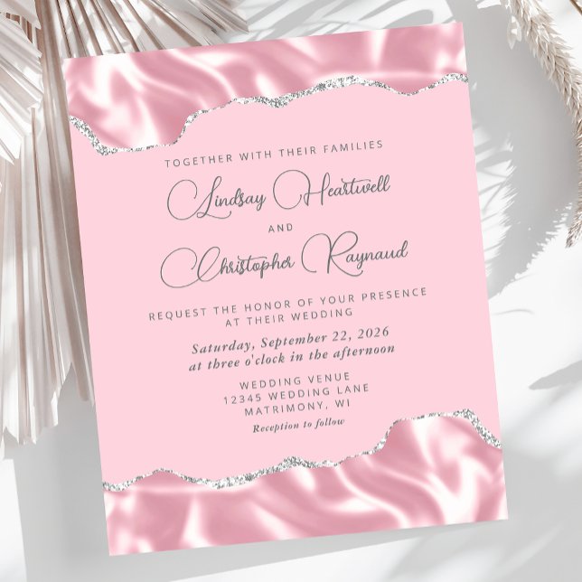 Faire-part de mariage argent satin rose glamour (Créateur téléchargé)