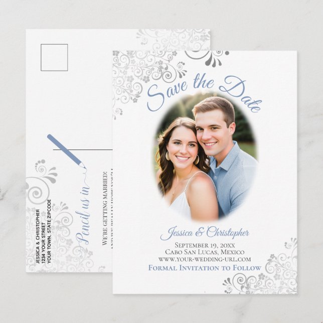 Faire-part de mariage argenté avec photo bleu (Devant / Derrière)