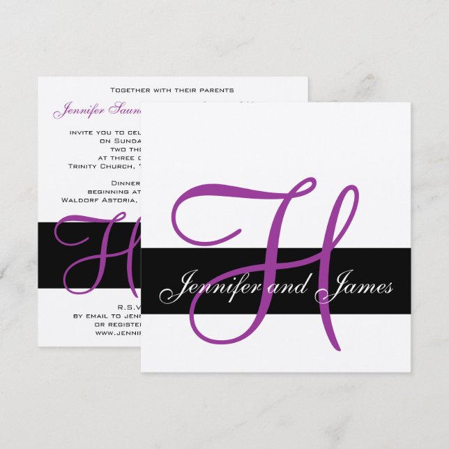 Faire-part de mariage argenté Monogramme H Noms po (Devant / Derrière)
