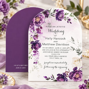 Faire-part de mariage arqué aux pivoines violettes