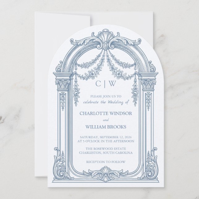 Faire-part de mariage arqué bleu poussiéreux Baroq (Devant)