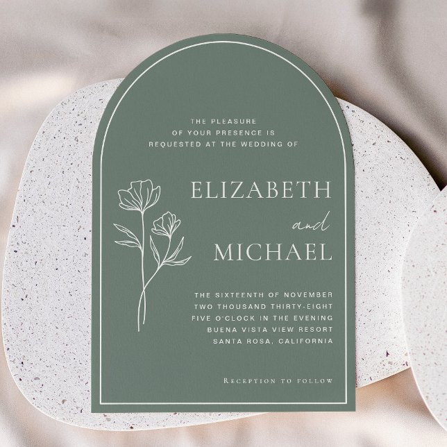 Faire-part de mariage arqué de botanique de couleu (Botanical Wildflower Sage Green Arched Wedding Invitation)