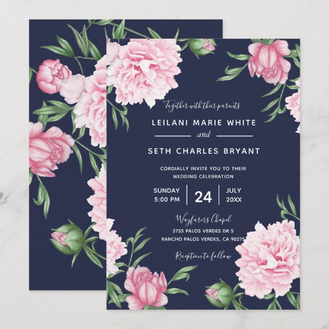 Faire-part de mariage Arrière - plan rose Floral N (Devant / Derrière)