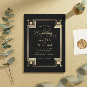 Faire-part de mariage Art Déco avec cadre doré vin