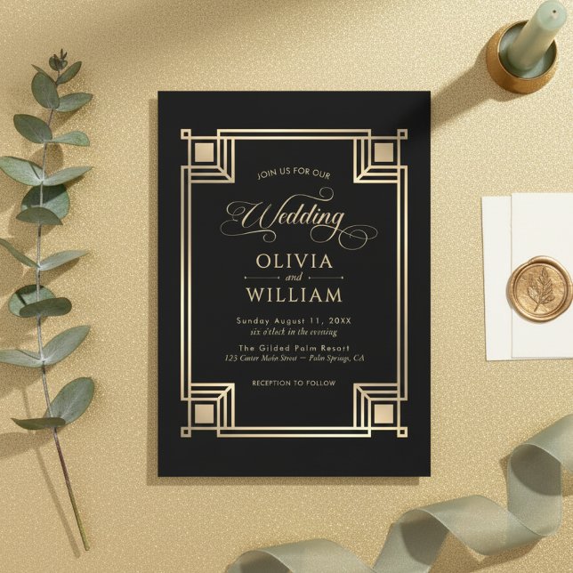 Faire-part de mariage Art Déco avec cadre doré vin (Créateur téléchargé)