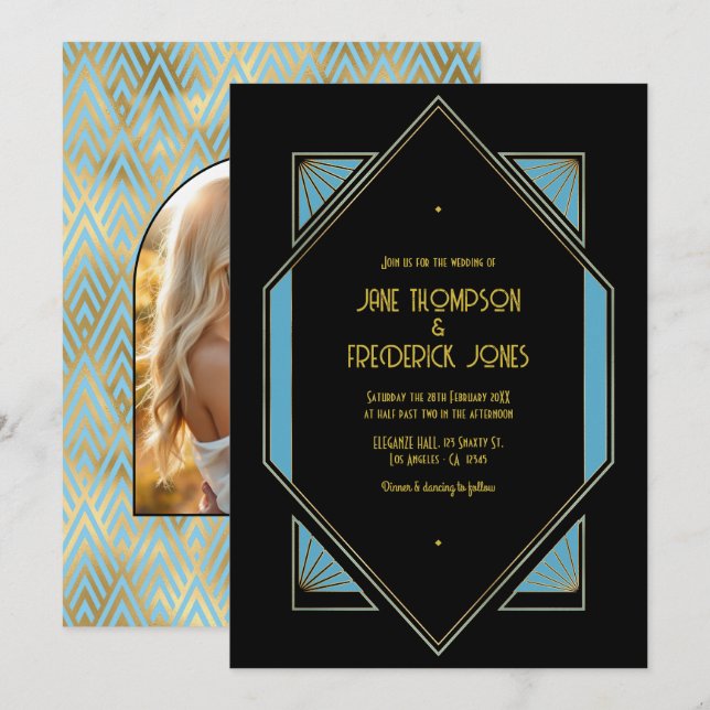 Faire-part de mariage Art Déco bleu et or Gatsby é (Devant / Derrière)