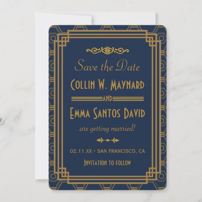 Faire-Part de Mariage Art Déco Bleu Save The Date (Devant)