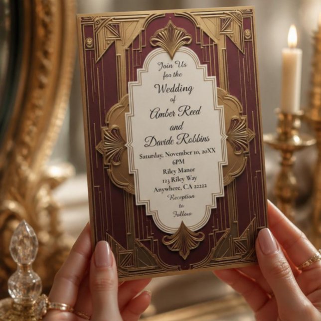 Faire-part de mariage Art Déco bordeaux et or vint (Créateur téléchargé)