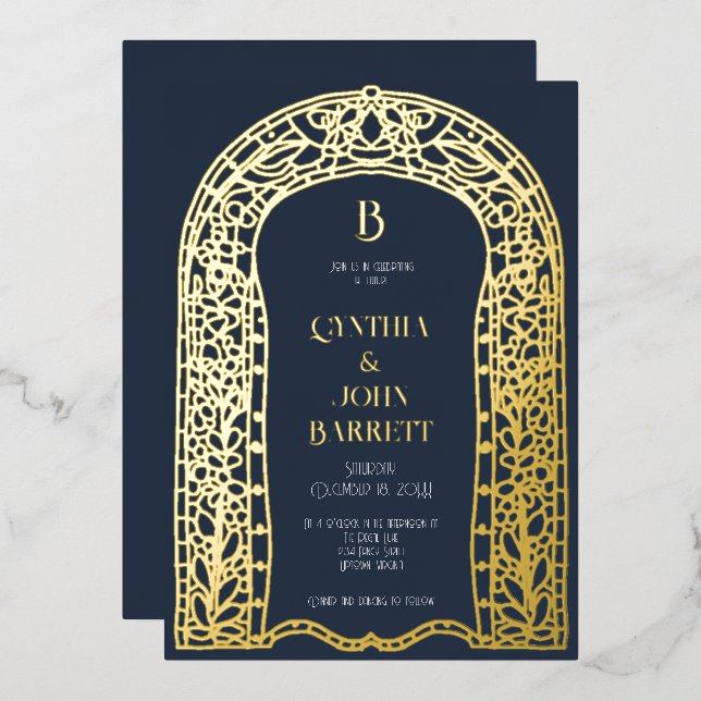 Faire-part de mariage Art Déco inspiré avec feuill (Recto/Verso)