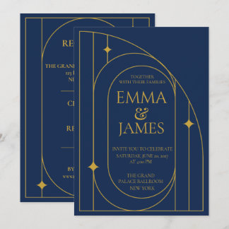 Faire-part de mariage Art Déco Navy Or