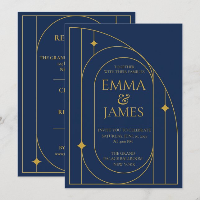 Faire-part de mariage Art Déco Navy Or (Devant / Derrière)