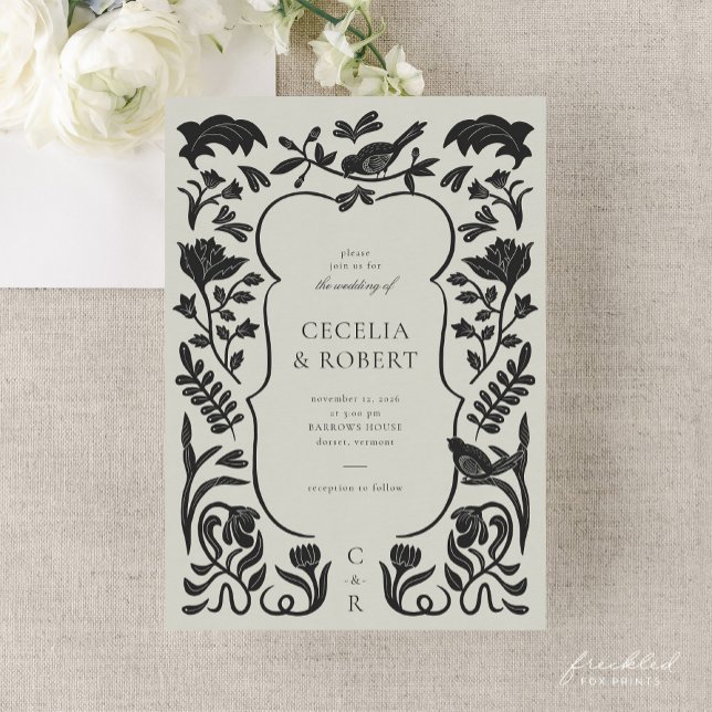 Faire-part de mariage Art déco noir et blanc (Floral Art Deco Black and Ivory Wedding Invitation)