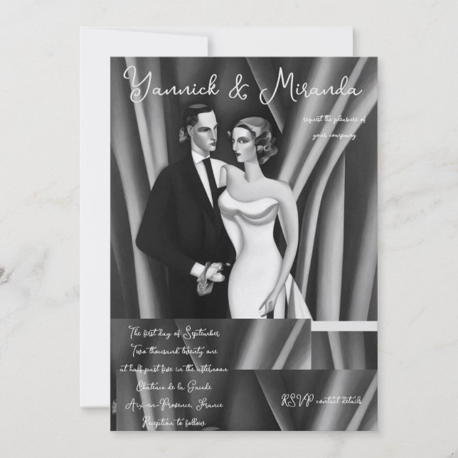 Faire-part de mariage Art déco noir et blanc (Devant)