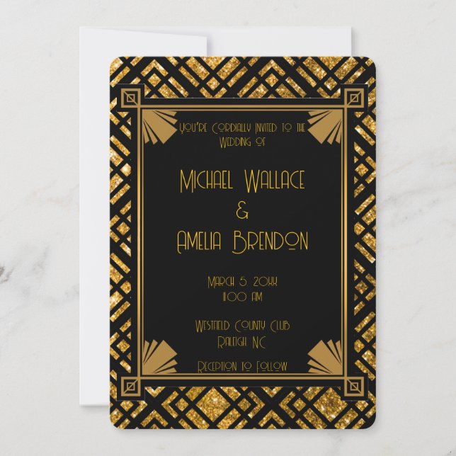 Faire-part de mariage Art déco noir et or (Devant)