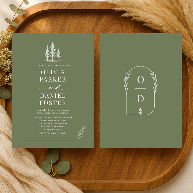 Faire-part de mariage Art Linéaire Vert Olive Forê (Créateur téléchargé)