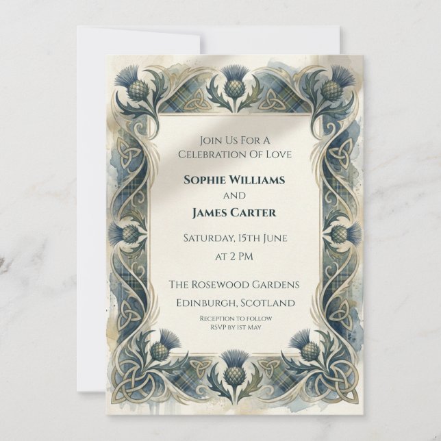 Faire-part de mariage Art Nouveau Blue Thistle (Devant)