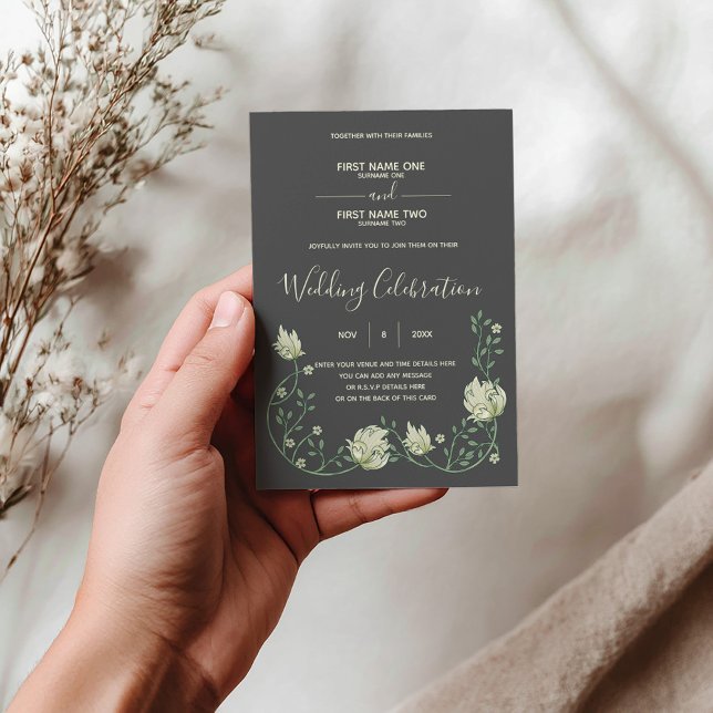 Faire-part de mariage Art nouveau botanique foncé (Dark Art nouveau botanical wedding invitation with floral frame.
)