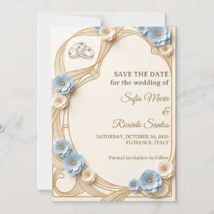 Faire-part de mariage Art Nouveau pastel bleu or