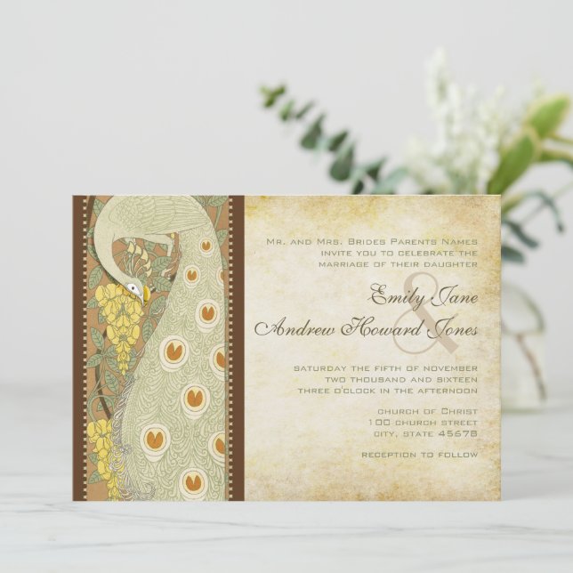 Faire-part de mariage Art nouveau Peacock Birds (Debout devant)