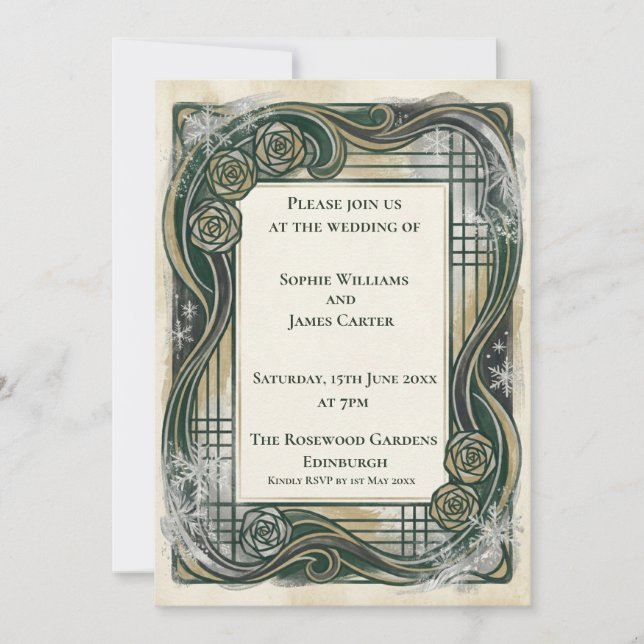 Faire-part de mariage Art nouveau vert (Devant)