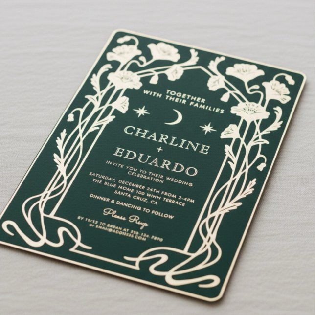 Faire-part de mariage Art Nouveau vert forêt et or (Créateur téléchargé)
