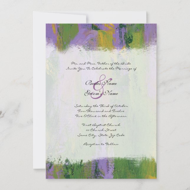 Faire-part de mariage artistique violet vert (Devant)
