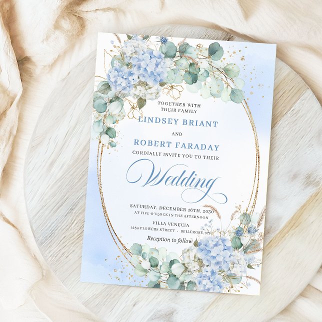 Faire-part de mariage au blé Hydrangea bleu de sty (Garden Style Blue Hydrangea Wheat Wedding Invitation)