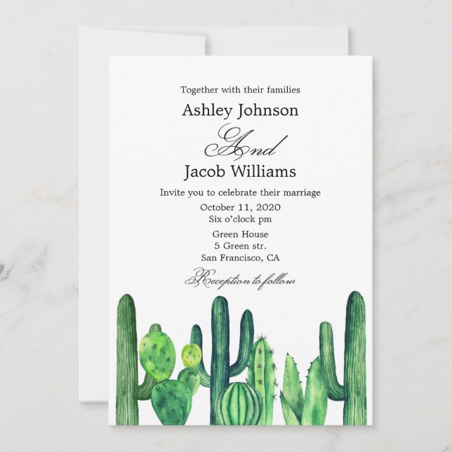 Faire-part de mariage au cactus. Invitation modern (Devant)