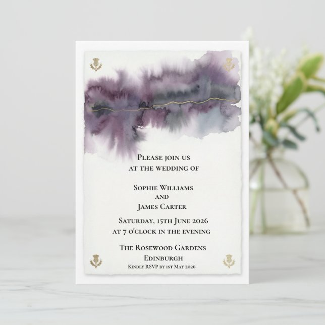 Faire-part de mariage au chardon à l'aquarelle vio (Debout devant)