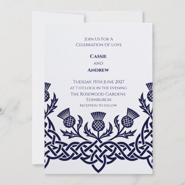 Faire-part de mariage au chardon celtique bleu (Devant)
