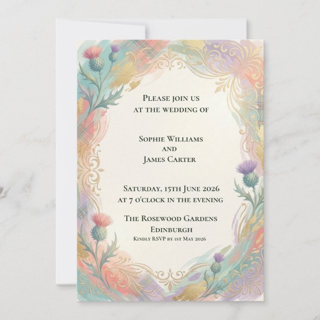 Faire-part de mariage au chardon en or pastel (Devant)
