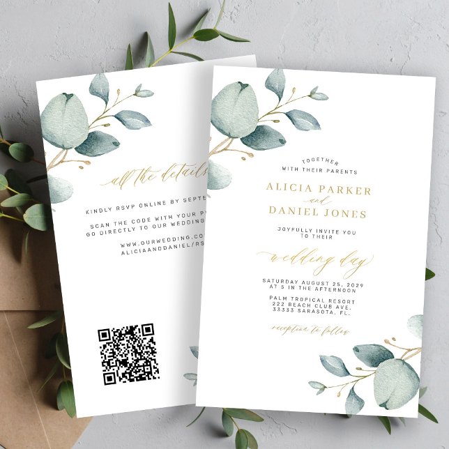 Faire-part de mariage au code QR eucalyptus tout-e (Créateur téléchargé)