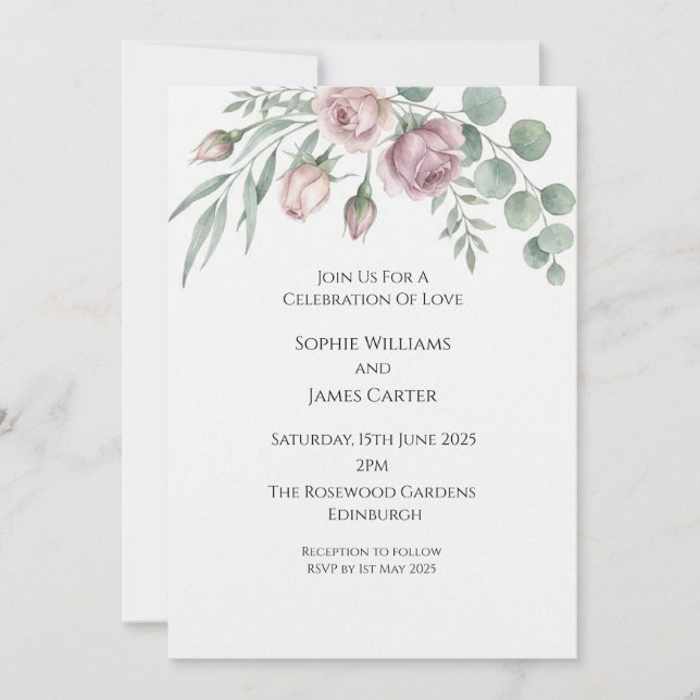 Faire-part de mariage au coin du eucalyptus rose (Devant)